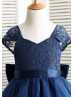 Navy Blue Lace Tulle Cap Sleeves Knee Length Flower Girl Dress 